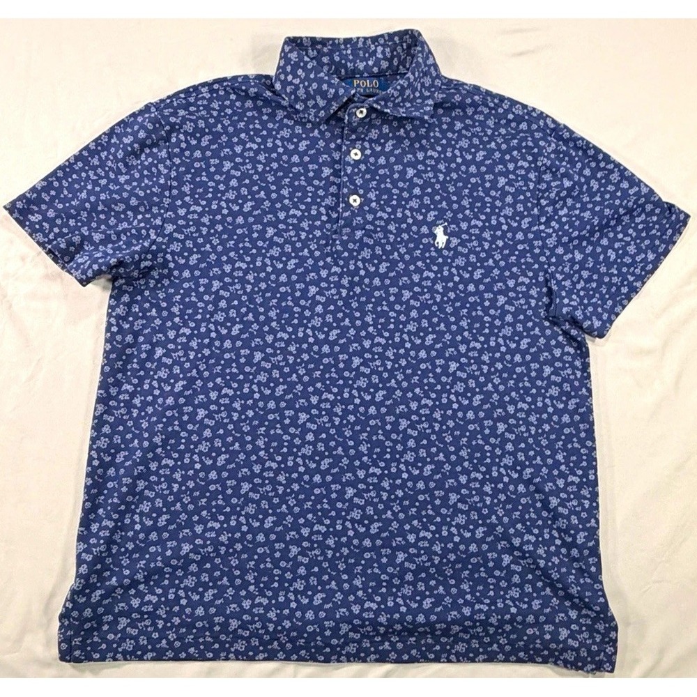Polo Ralph Lauren Men's S Blue White Floral Slim Fit Short Sleeve Cotton Polo
